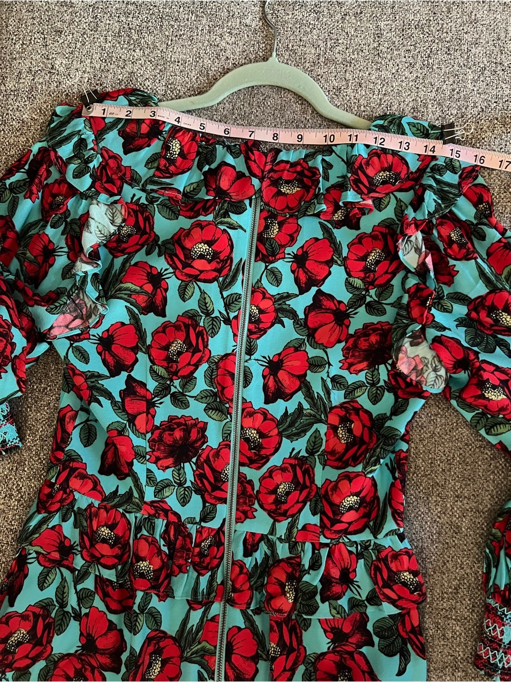 Alice + Olivia Teal Romper with Red Floral Print - Picture 6 of 9